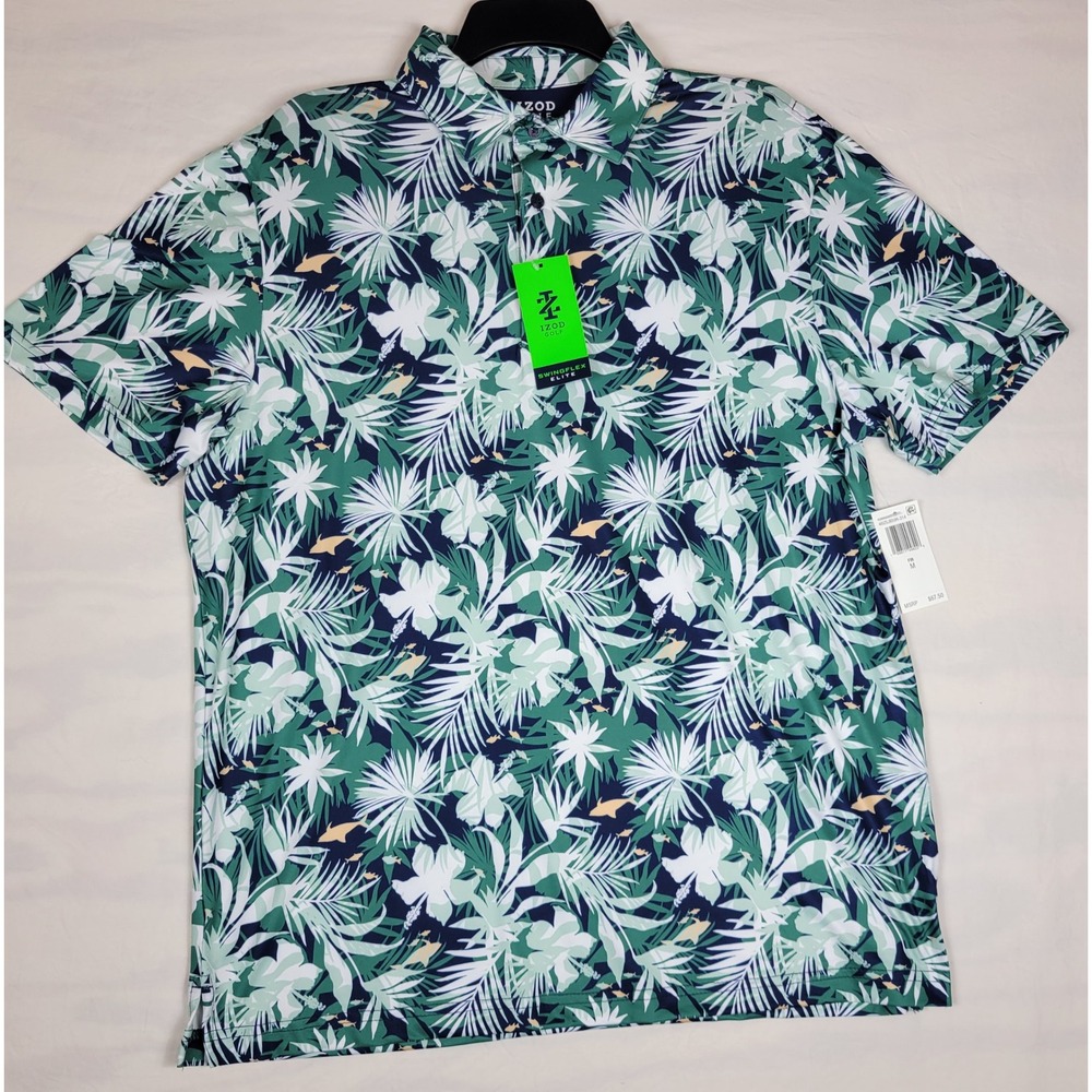 IZOD Golf Swingflex Elite Mens M Polo Shirt Green Floral Palm Tropical NWT